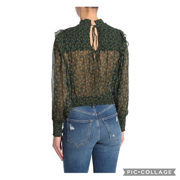 Free People Roma Forrest Green Floral Smocked Mock Nwck Tie Back Blouse Size M - Picture 4 of 13